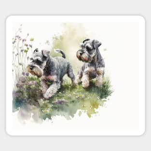 Two Miniature Schnauzers Playing Watercolour Painting Sticker